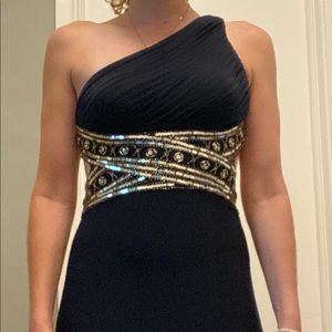 Navy long one shoulder dress with gold beading